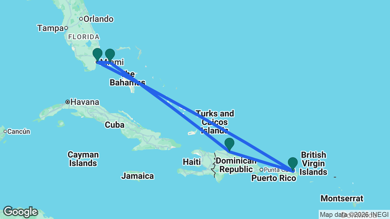 Route map: Miami -> San Juan -> Puerto Plata -> Bimini -> Miami