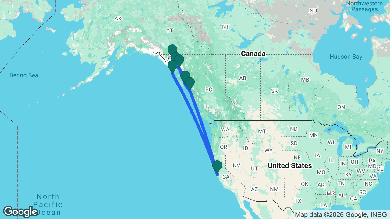 Route map: San Francisco -> Sitka -> Skagway -> Juneau -> Tracy Arm -> Ketchikan -> Prince Rupert -> San Francisco