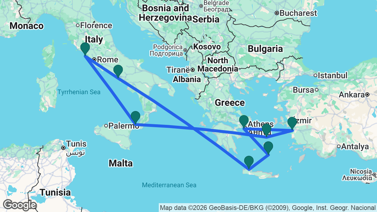 Route map: Rome -> Messina -> Mykonos -> Ephesus -> Athens -> Santorini -> Chania -> Naples -> Rome