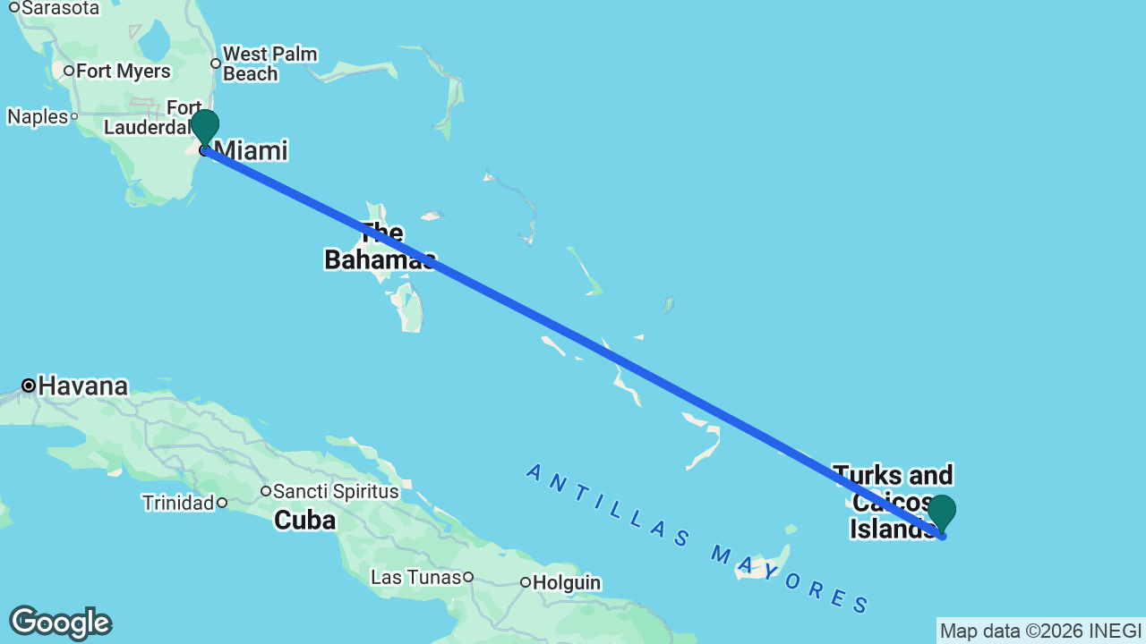 Route map: Miami -> Grand Turk -> Miami