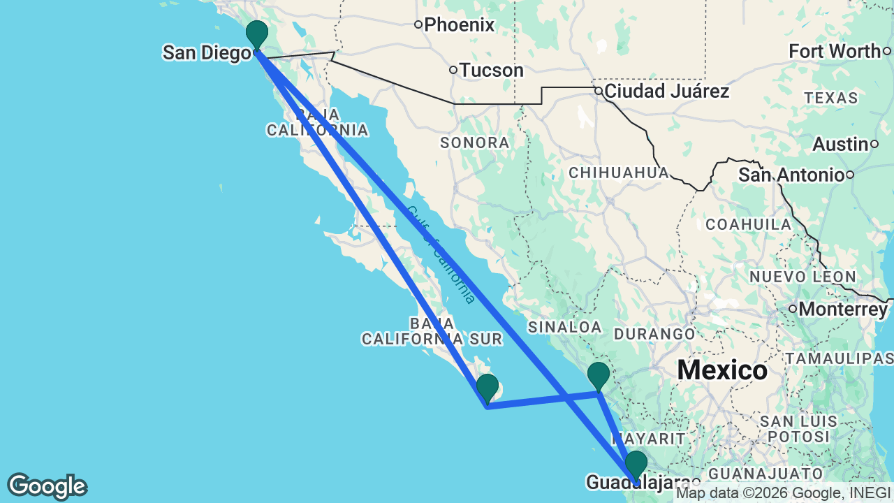 Route map: San Diego -> Puerto Vallarta -> Mazatlán -> Cabo -> San Diego