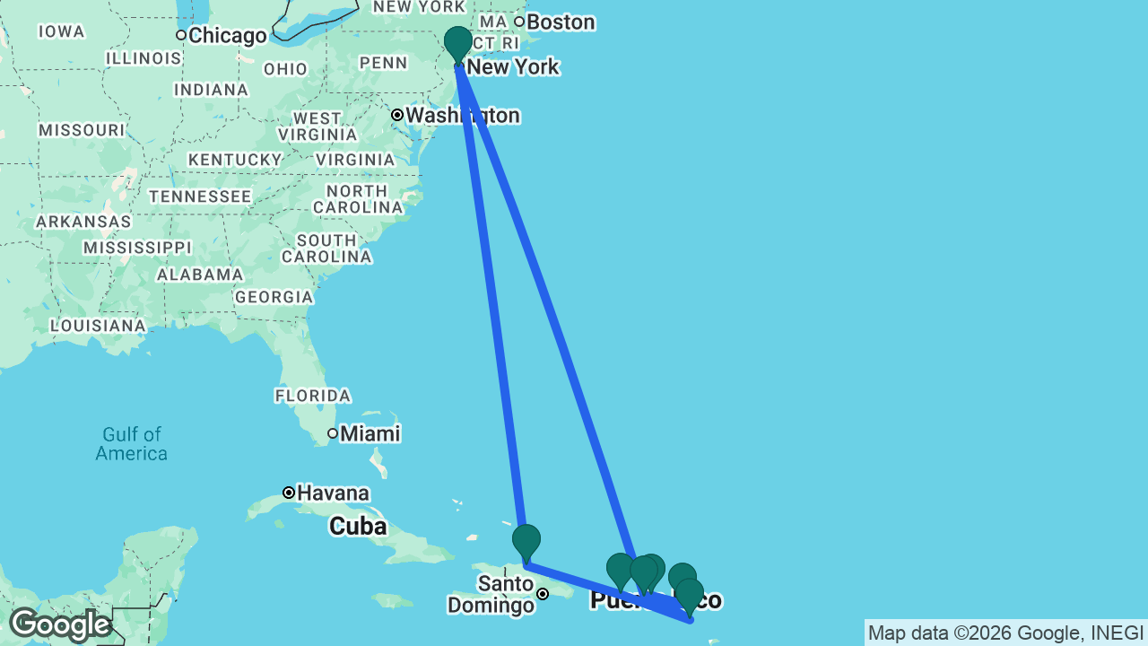 Route map: New York -> Puerto Plata -> San Juan -> St. Kitts -> Tortola -> St. Maarten -> St. Thomas -> New York
