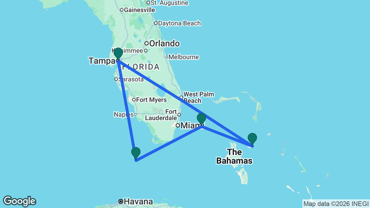Route map: Tampa -> Key West -> Bimini -> Nassau -> Tampa
