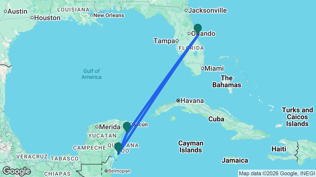 Route map: Port Canaveral -> Cozumel -> Costa Maya -> Port Canaveral
