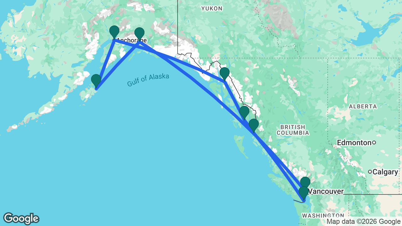 Route map: Vancouver -> Valdez -> Kodiak -> Anchorage -> Juneau -> Ketchikan -> Prince Rupert -> Victoria -> Vancouver