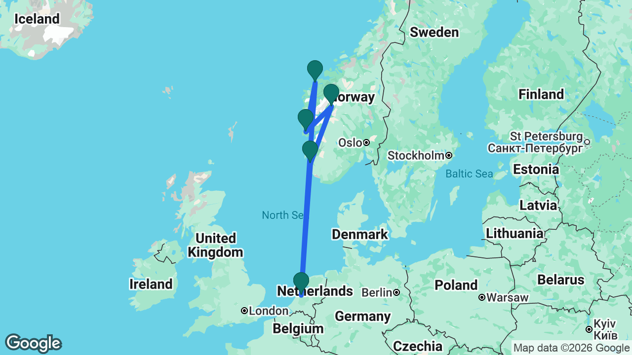 Route map: Amsterdam -> Stavanger -> Skjolden -> Bergen -> Ålesund -> Amsterdam