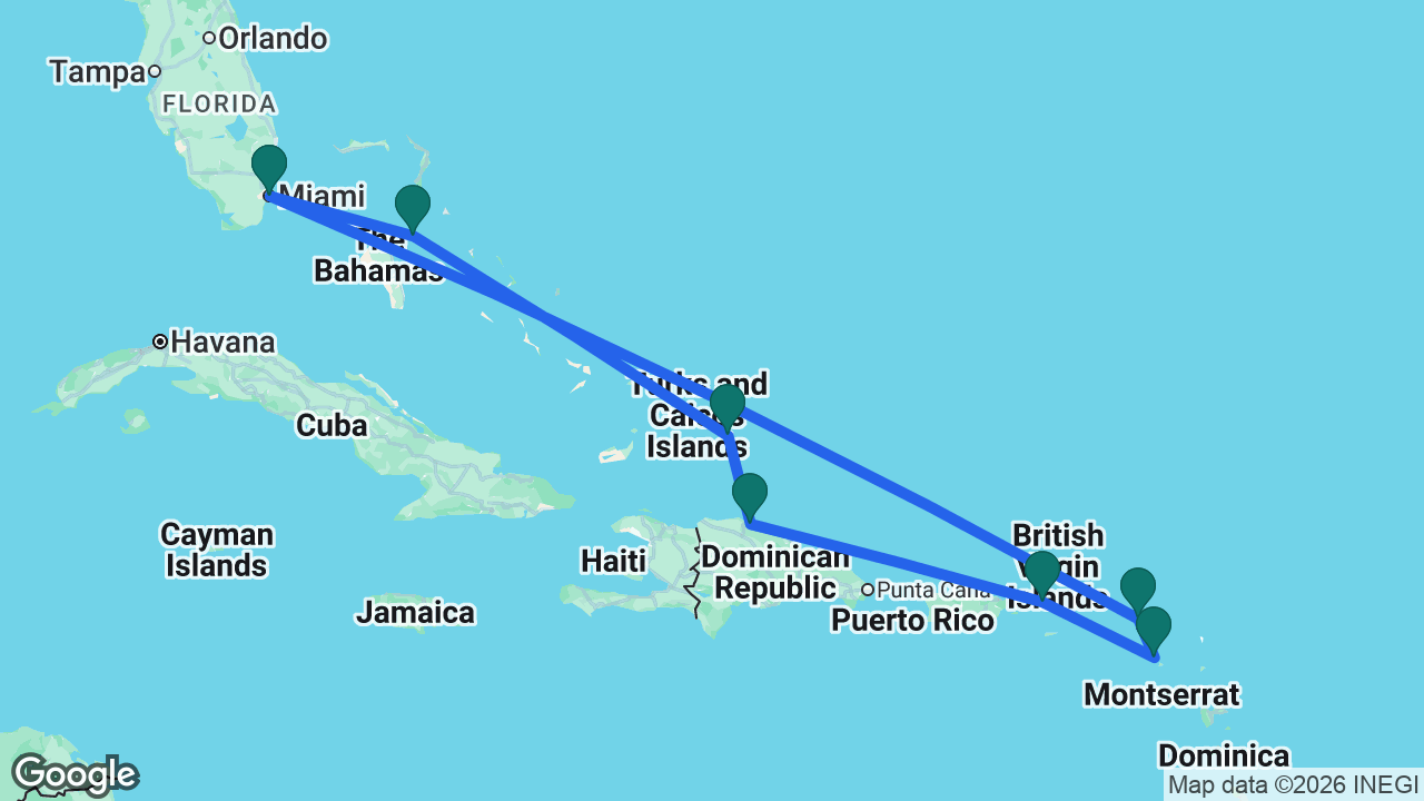 Route map: Miami -> St. Maarten -> St. Kitts -> St. Thomas -> Amber Cove -> Grand Turk -> Nassau -> Miami