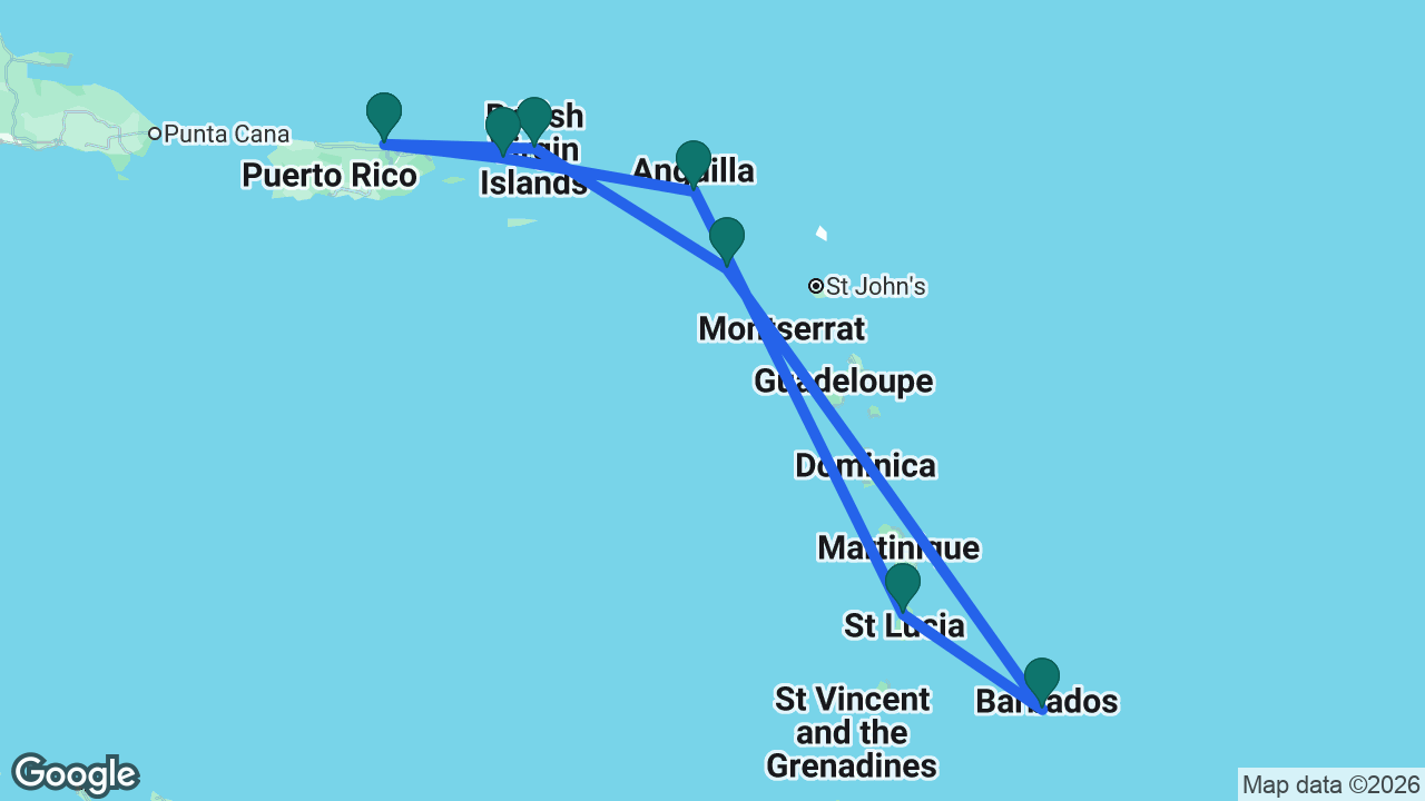 Route map: San Juan -> Tortola -> St. Kitts -> Barbados -> St. Lucia -> St. Maarten -> St. Thomas -> San Juan