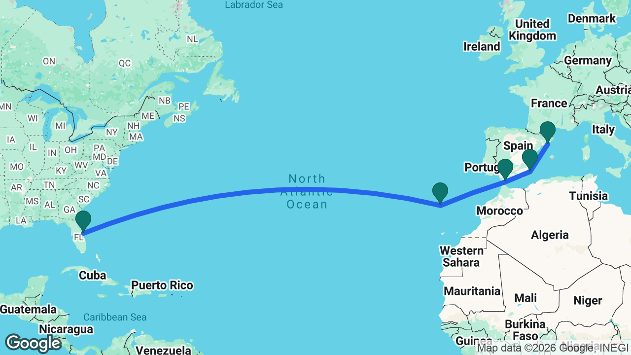 Route map: Port Canaveral -> Madeira -> Gibraltar -> Cartagena -> Barcelona