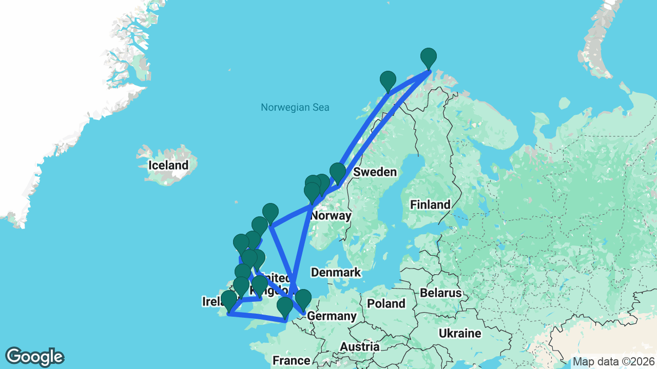 Route map: Rotterdam -> South Queensferry -> Invergordon -> Kirkwall -> Isle of Skye -> Belfast -> Glasgow -> Liverpool -> Dún Laoghaire -> Cobh -> Dover -> Ålesund -> Trondheim -> North Cape -> Tromsø -> Åndalsnes -> Nordfjordeid -> Lerwick -> Rotterdam
