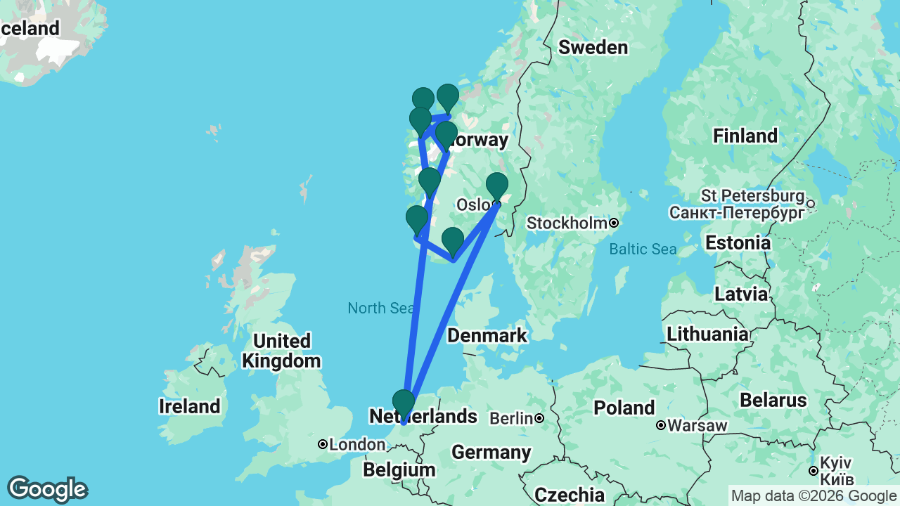 Route map: Amsterdam -> Oslo -> Kristiansand -> Sandnes -> Skjolden -> Ålesund -> Åndalsnes -> Nordfjordeid -> Odda -> Amsterdam