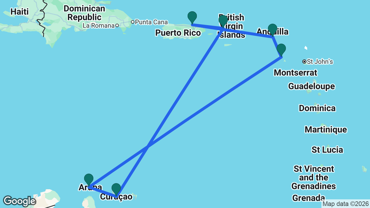 Route map: San Juan -> St. Thomas -> Curaçao -> Aruba -> St. Kitts -> St. Maarten -> San Juan
