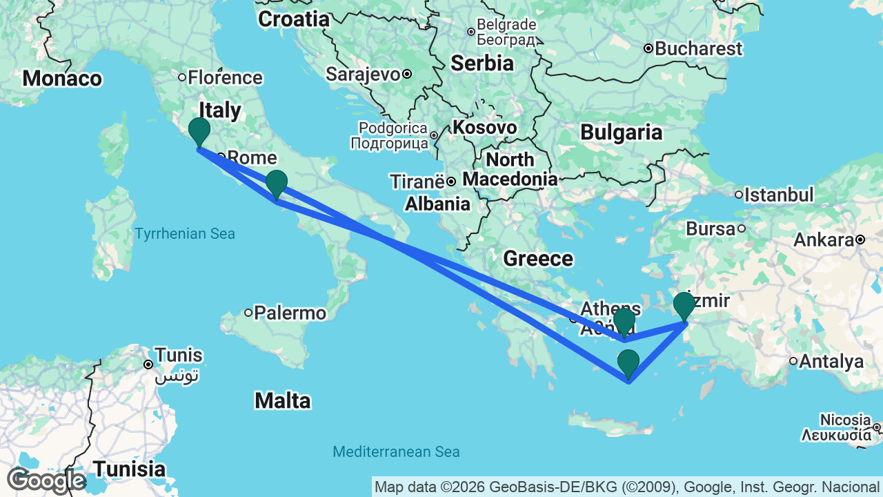 Route map: Rome -> Santorini -> Ephesus -> Mykonos -> Naples -> Rome