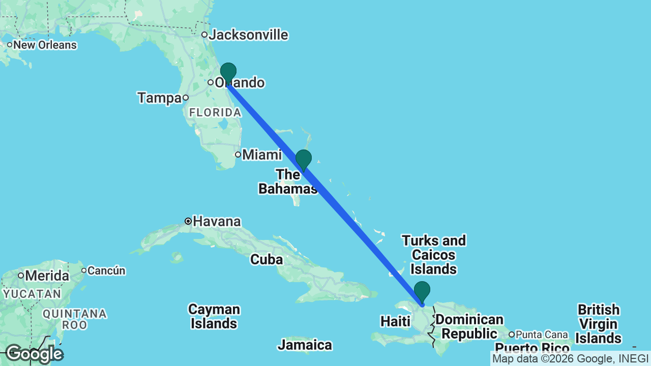 Route map: Port Canaveral -> Labadee -> Nassau -> Port Canaveral