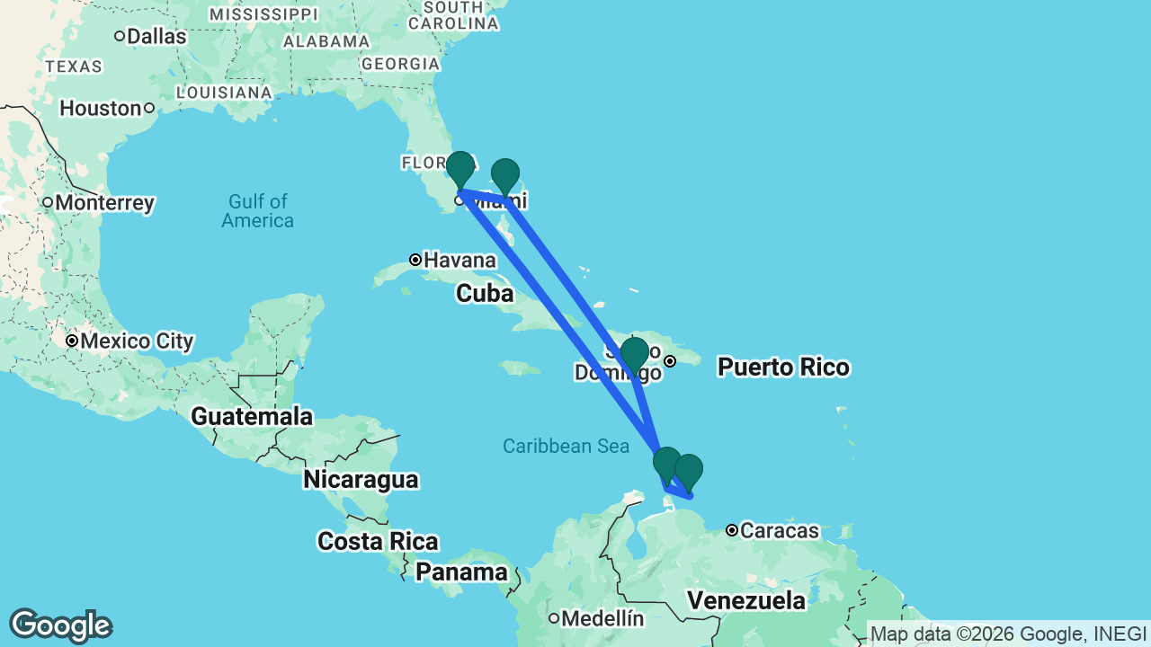 Route map: Fort Lauderdale -> Curaçao -> Aruba -> Cabo Rojo -> CocoCay -> Fort Lauderdale