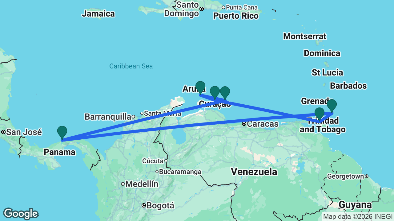 Route map: Colón -> Bonaire -> Aruba -> Curaçao -> Trinidad -> Tobago -> Colón