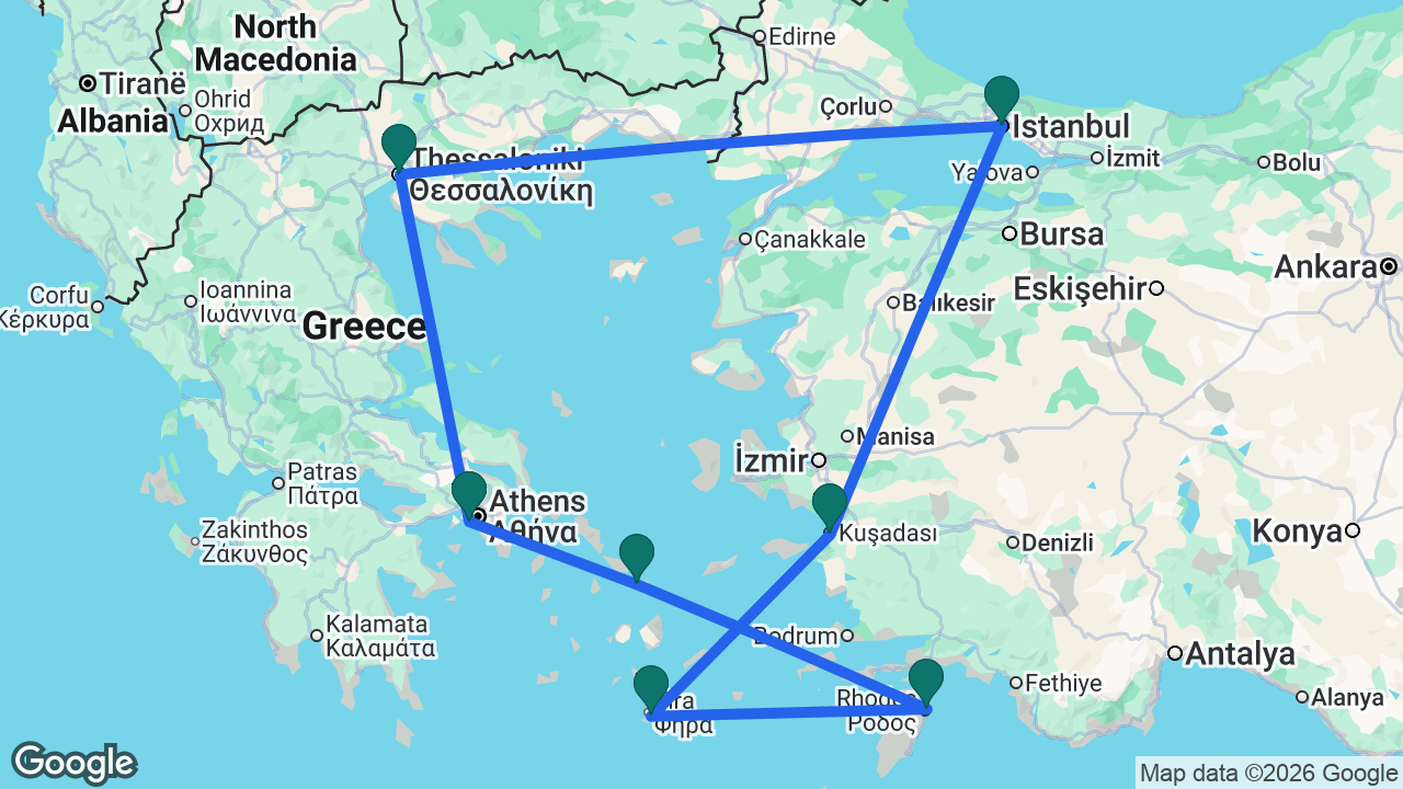 Route map: Athens -> Thessaloniki -> Istanbul -> Ephesus -> Santorini -> Rhodes -> Mykonos -> Athens