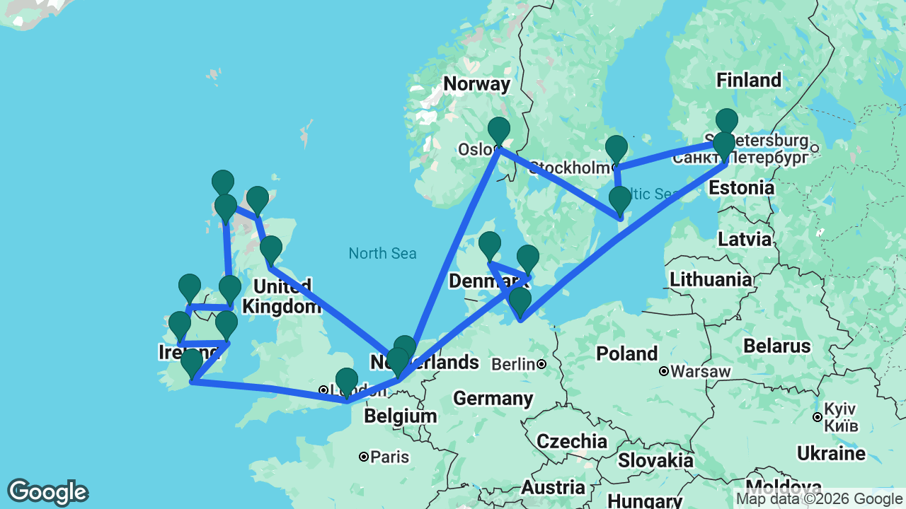 Route map: Dover -> Rotterdam -> Copenhagen -> Aarhus -> Berlin -> Tallinn -> Helsinki -> Stockholm -> Visby -> Oslo -> Amsterdam -> South Queensferry -> Invergordon -> Stornoway -> Isle of Skye -> Belfast -> Killybegs -> Galway -> Dún Laoghaire -> Cobh -> Dover