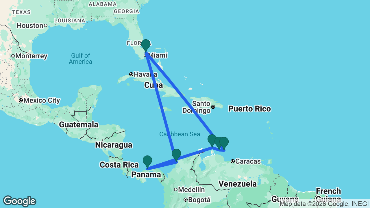 Route map: Fort Lauderdale -> Cartagena -> Colón -> Aruba -> Curaçao -> Bonaire -> Fort Lauderdale