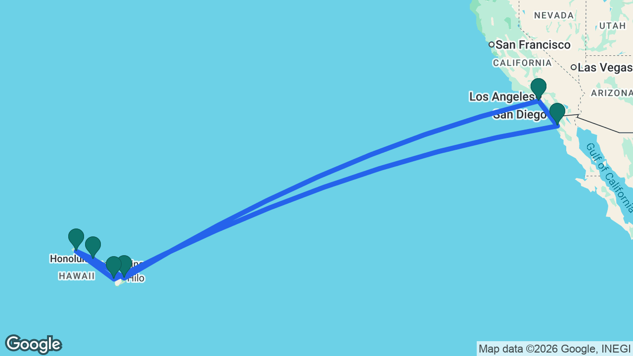 Route map: Los Angeles -> Hilo -> Honolulu -> Kauai -> Kona -> Ensenada -> Los Angeles