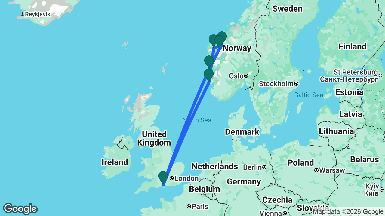 Route map: Southampton -> Haugesund -> Nordfjordeid -> Geiranger -> Olden -> Bergen -> Southampton