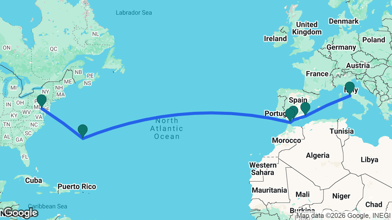 Route map: Rome -> Cartagena -> Málaga -> Gibraltar -> Bermuda -> Baltimore