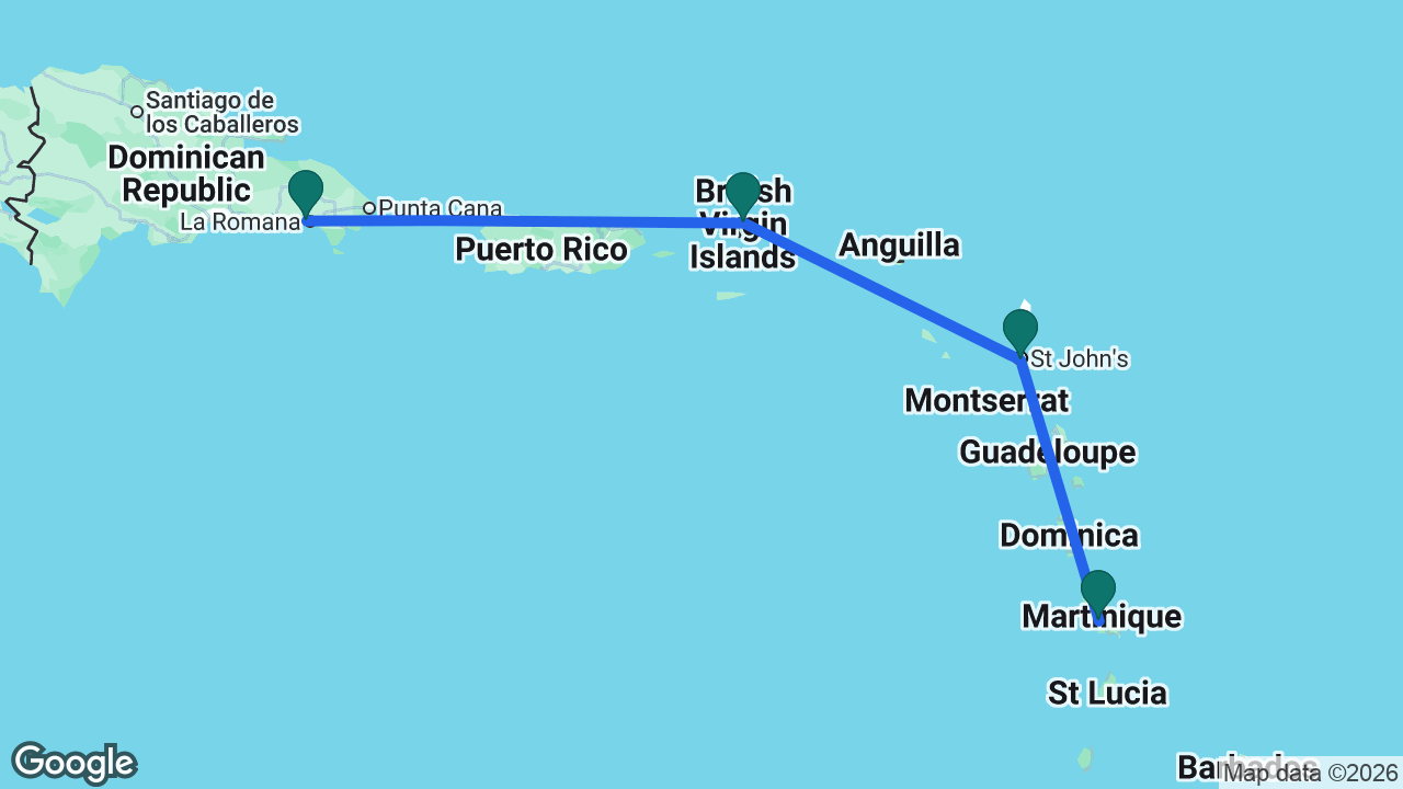 Route map: Martinique -> Antigua -> Tortola -> La Romana