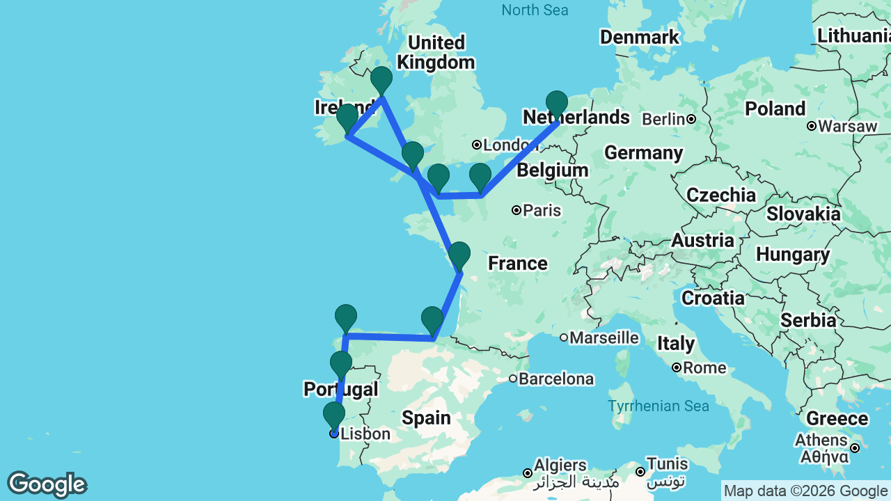 Route map: Lisbon -> Porto -> La Coruña -> Bilbao -> La Rochelle -> Dún Laoghaire -> Cobh -> Plymouth -> Guernsey -> Paris -> Amsterdam