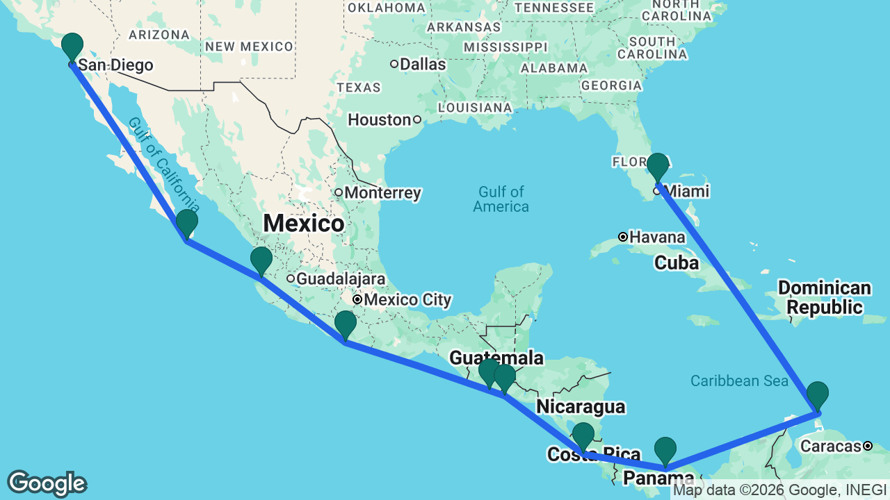 Route map: Fort Lauderdale -> Aruba -> Panama Canal -> Puntarenas -> Acajutla -> Puerto Quetzal -> Acapulco -> Puerto Vallarta -> Cabo -> San Diego
