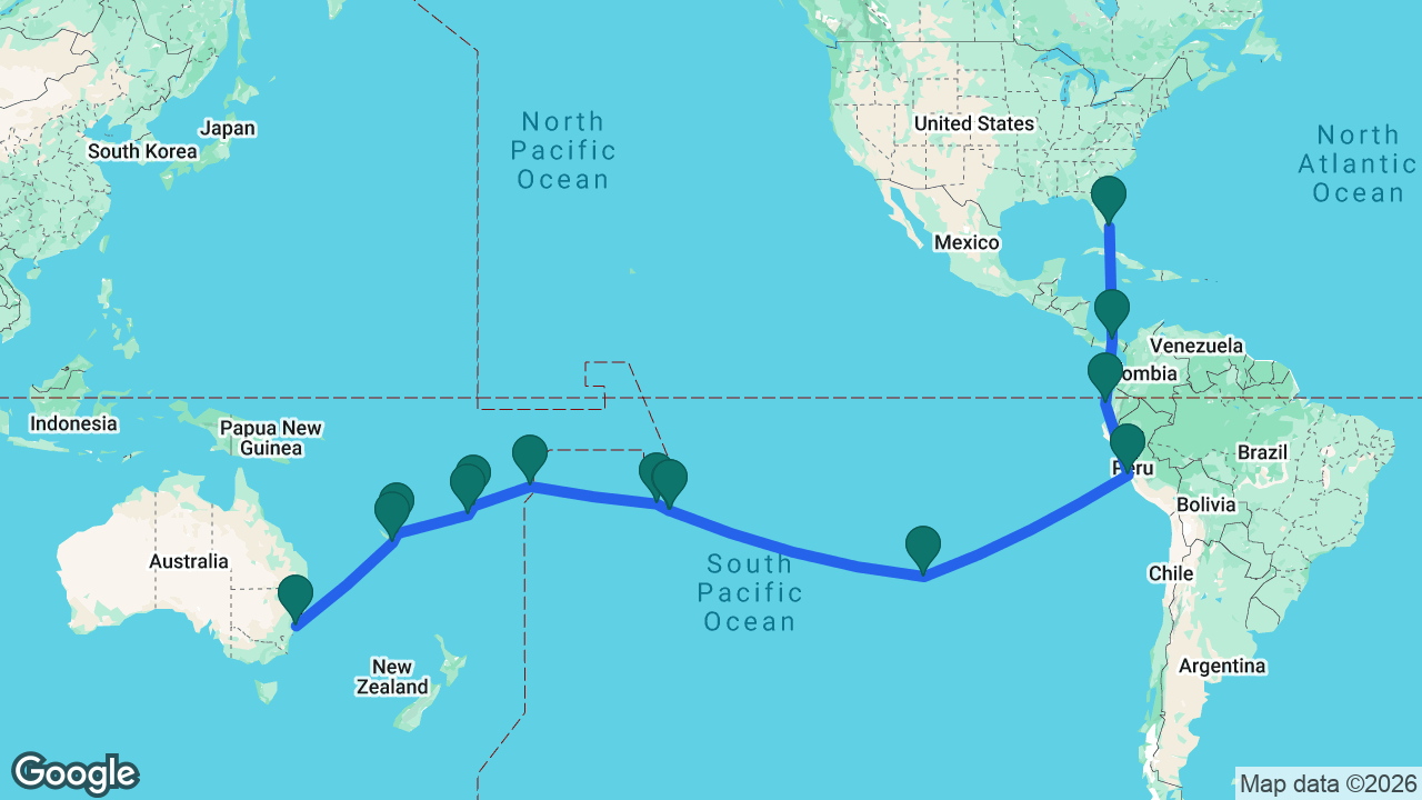 Route map: Fort Lauderdale -> Panama Canal -> Manta -> Lima -> Easter Island -> Tahiti -> Moorea -> Bora Bora -> Apia -> Savusavu -> Fiji -> Lifou -> Nouméa -> Sydney