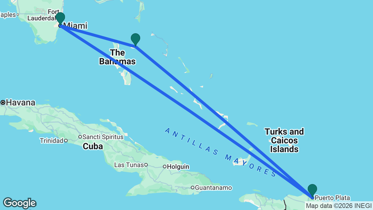 Route map: Miami -> Nassau -> Puerto Plata -> Miami
