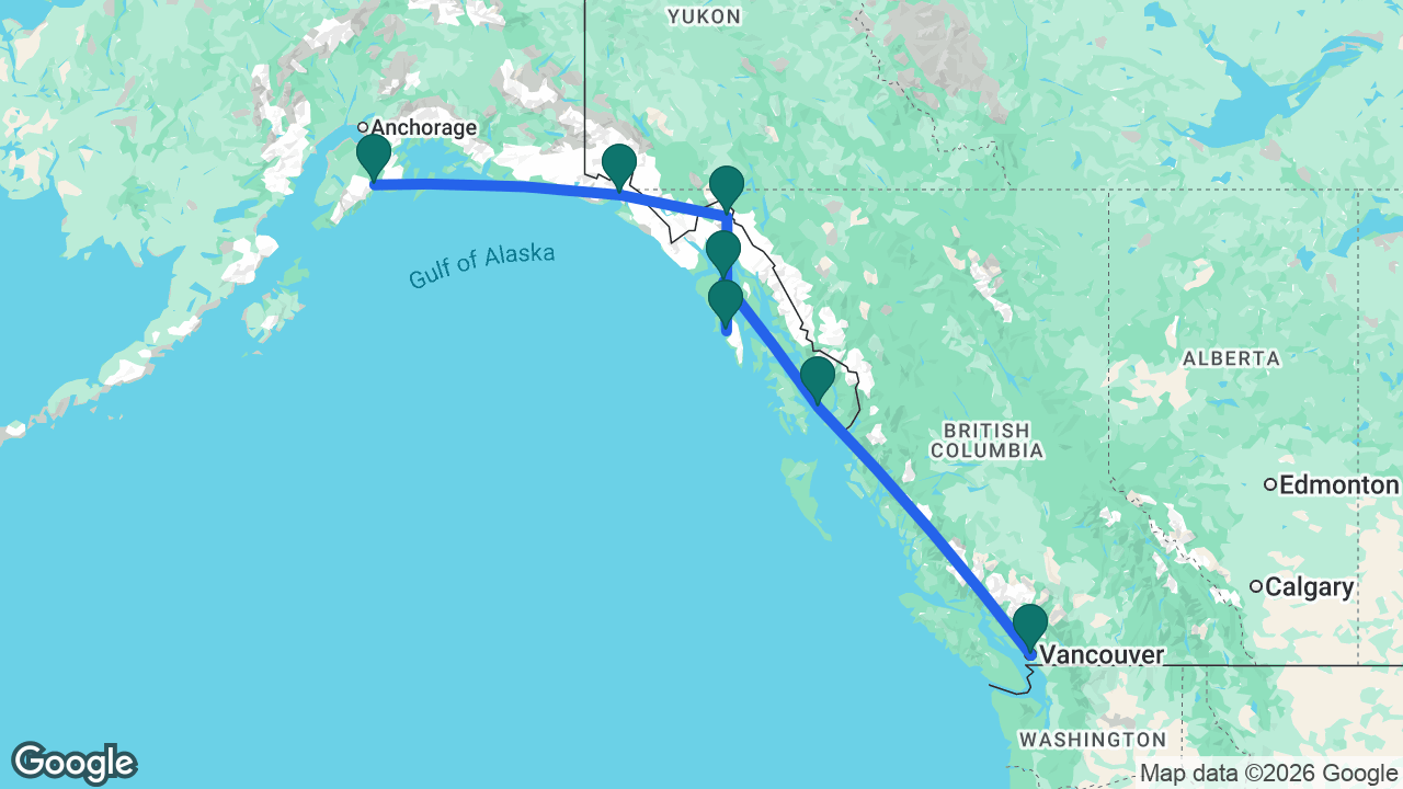 Route map: Vancouver -> Ketchikan -> Icy Strait Point -> Sitka -> Skagway -> Hubbard Glacier -> Seward