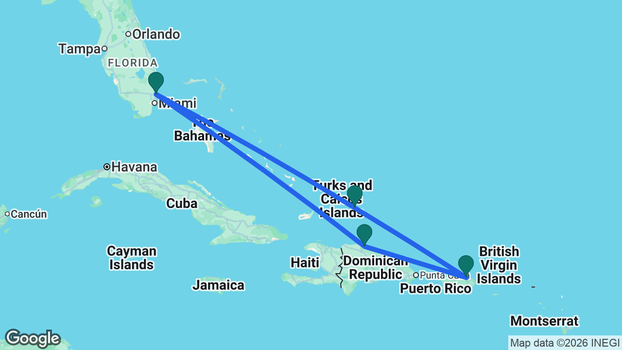 Route map: Fort Lauderdale -> Amber Cove -> San Juan -> Grand Turk -> Fort Lauderdale