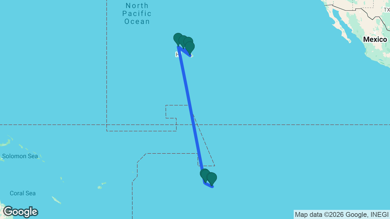 Route map: Honolulu -> Maui -> Kona -> Kauai -> Bora Bora -> Raiatea -> Moorea -> Tahiti