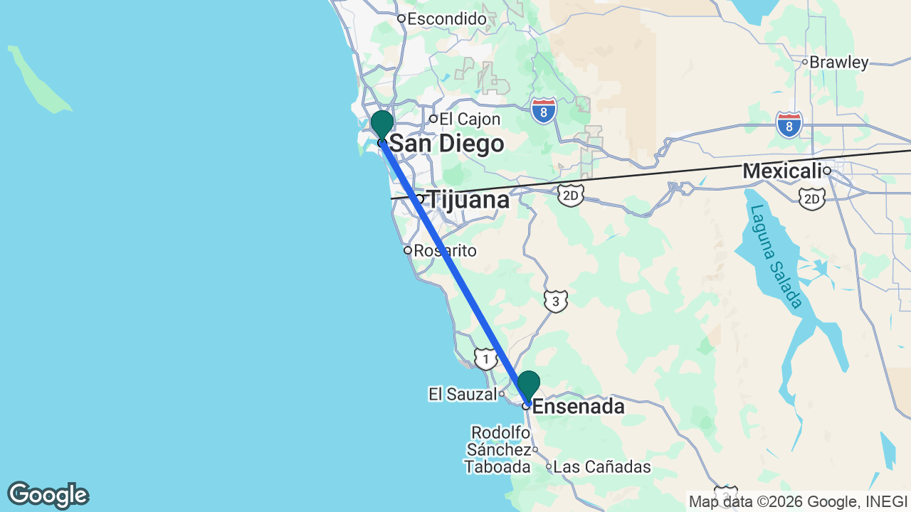 Route map: San Diego -> Ensenada -> San Diego