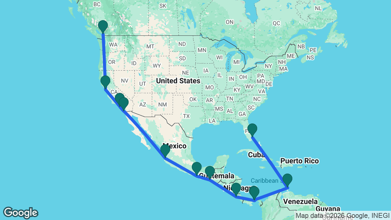Route map: Vancouver -> San Francisco -> San Diego -> Los Angeles -> Puerto Vallarta -> Huatulco -> Puerto Chiapas -> Puntarenas -> Panama City -> Panama Canal -> Aruba -> Fort Lauderdale