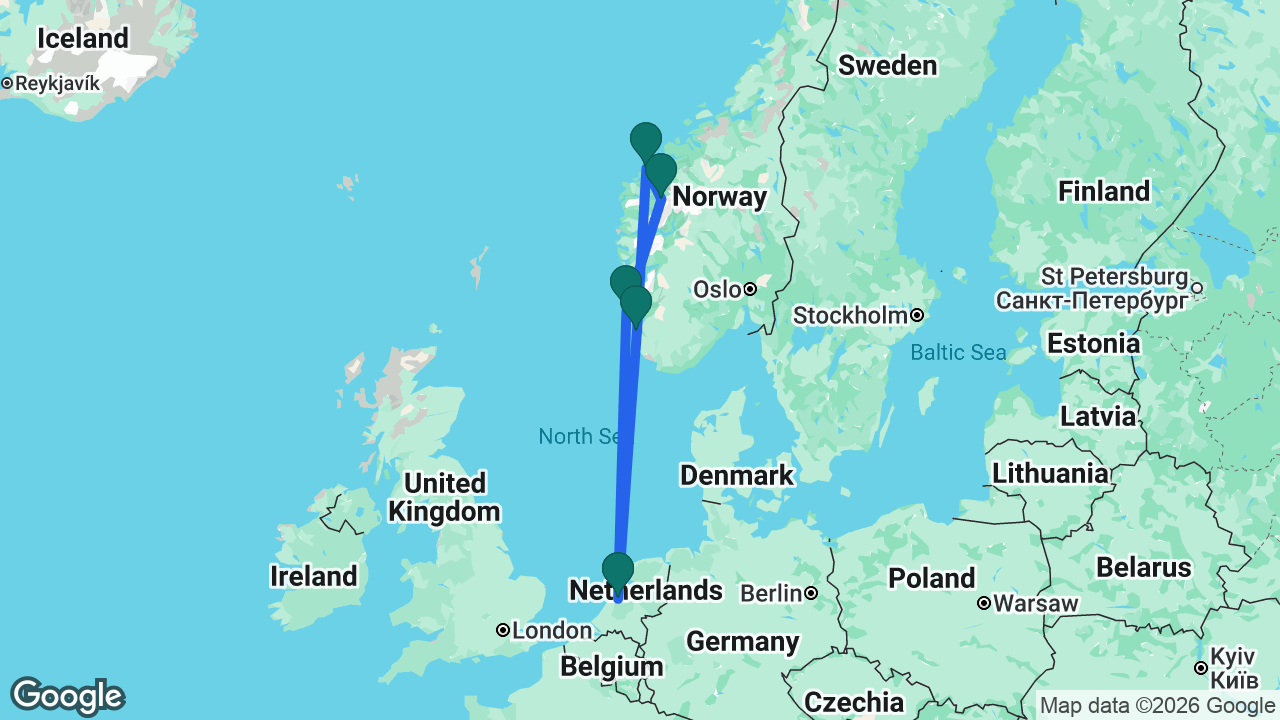 Route map: Amsterdam -> Haugesund -> Olden -> Ålesund -> Stavanger -> Amsterdam