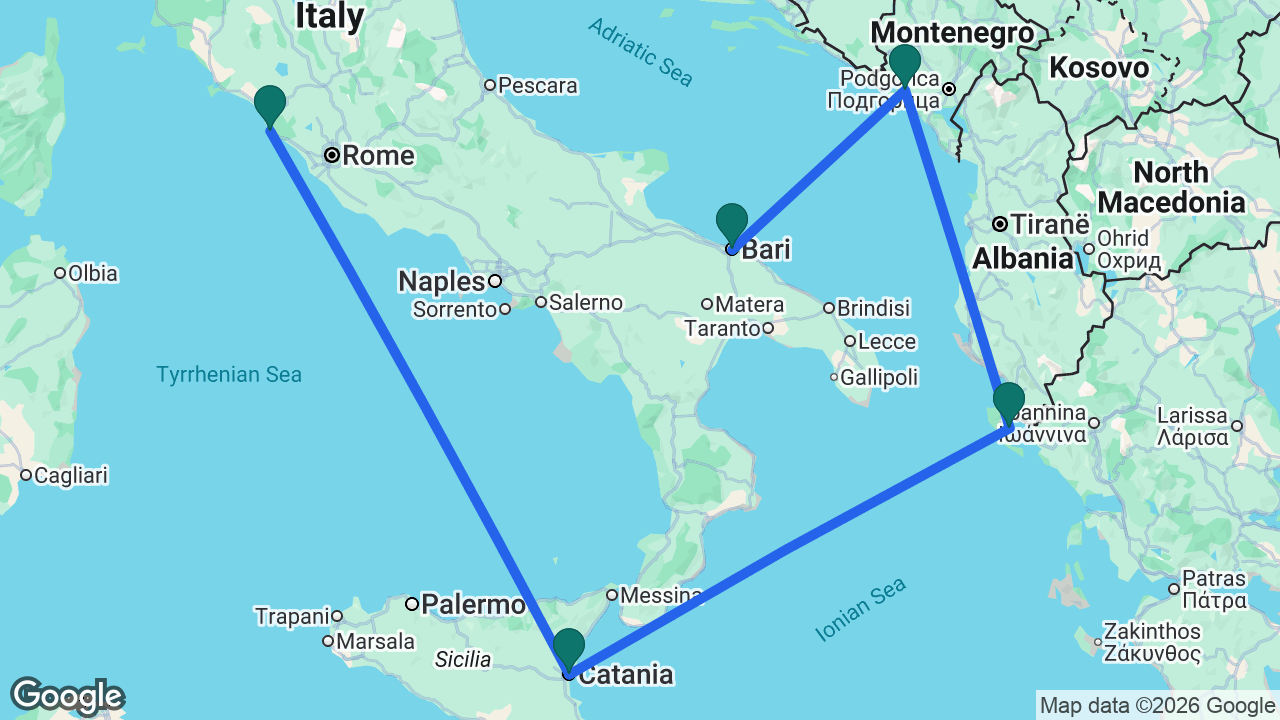 Route map: Rome -> Catania -> Corfu -> Kotor -> Bari
