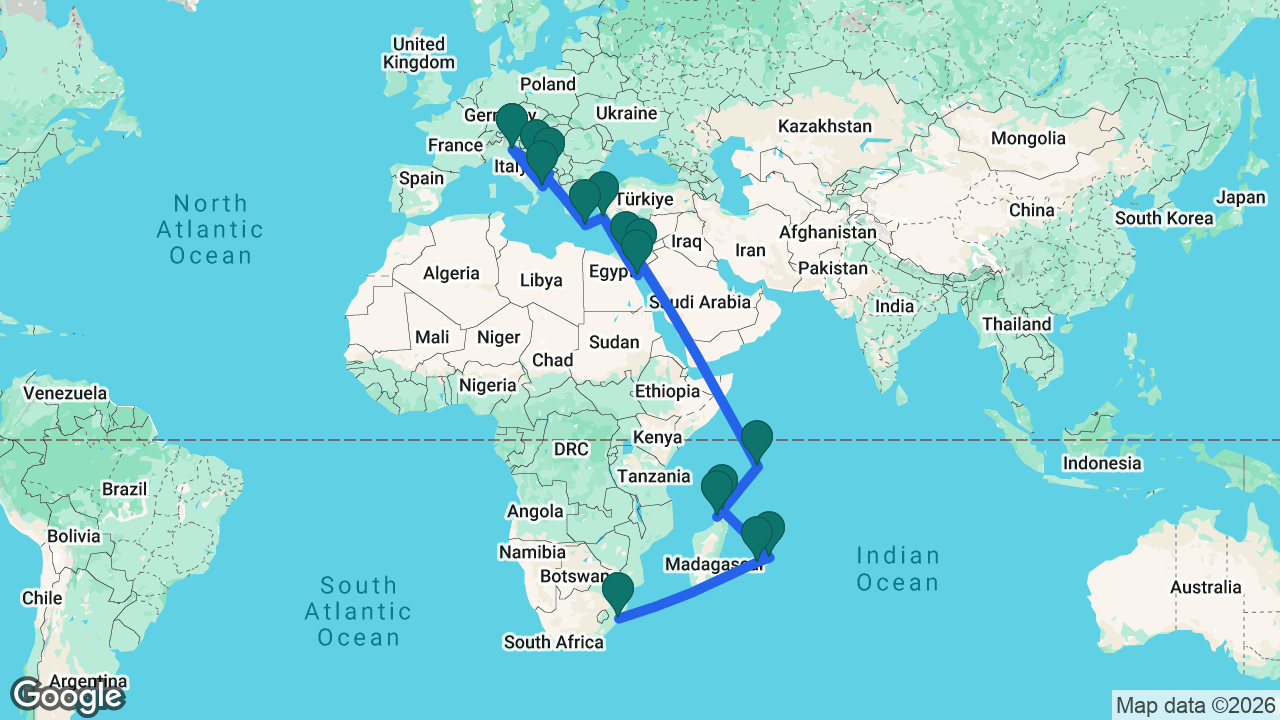 Route map: Durban -> Réunion (Le Port) -> Port Louis -> Antsiranana -> Nosy Be -> Port Victoria -> Petra -> Sharm el Sheikh -> Suez Canal -> Rhodes -> Heraklion -> Split -> Venice -> Kotor -> Brindisi -> Venice