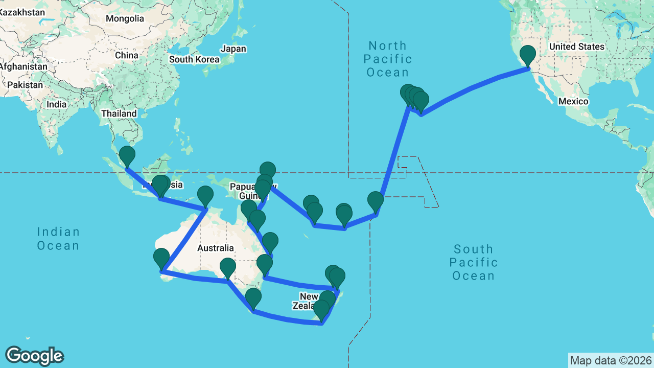 Route map: Los Angeles -> Hilo -> Maui -> Honolulu -> Kauai -> Pago Pago -> Fiji -> Dravuni Island -> Port Vila -> Luganville -> Rabaul -> Kiriwina Island -> Alotau -> Cairns -> Airlie Beach -> Brisbane -> Sydney -> Auckland -> Tauranga -> Christchurch -> Dunedin -> Hobart -> Adelaide -> Perth -> Darwin -> Bali -> Lembar -> Singapore