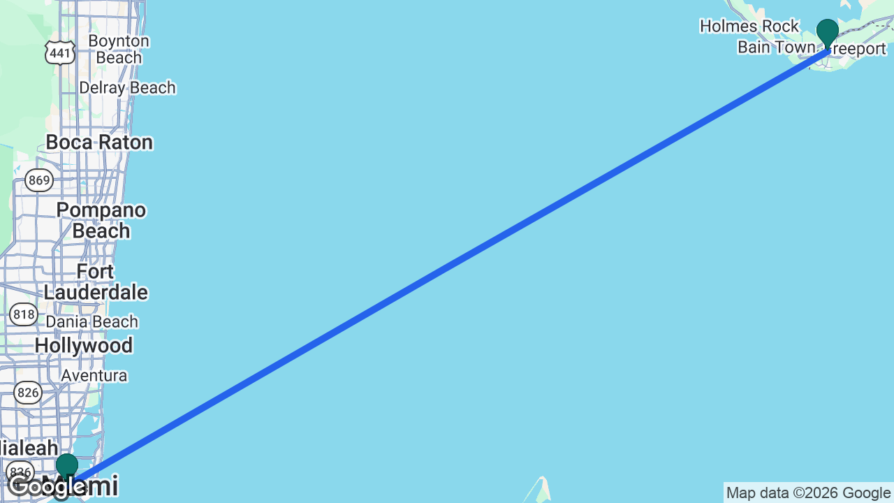 Route map: Miami -> Freeport -> Miami
