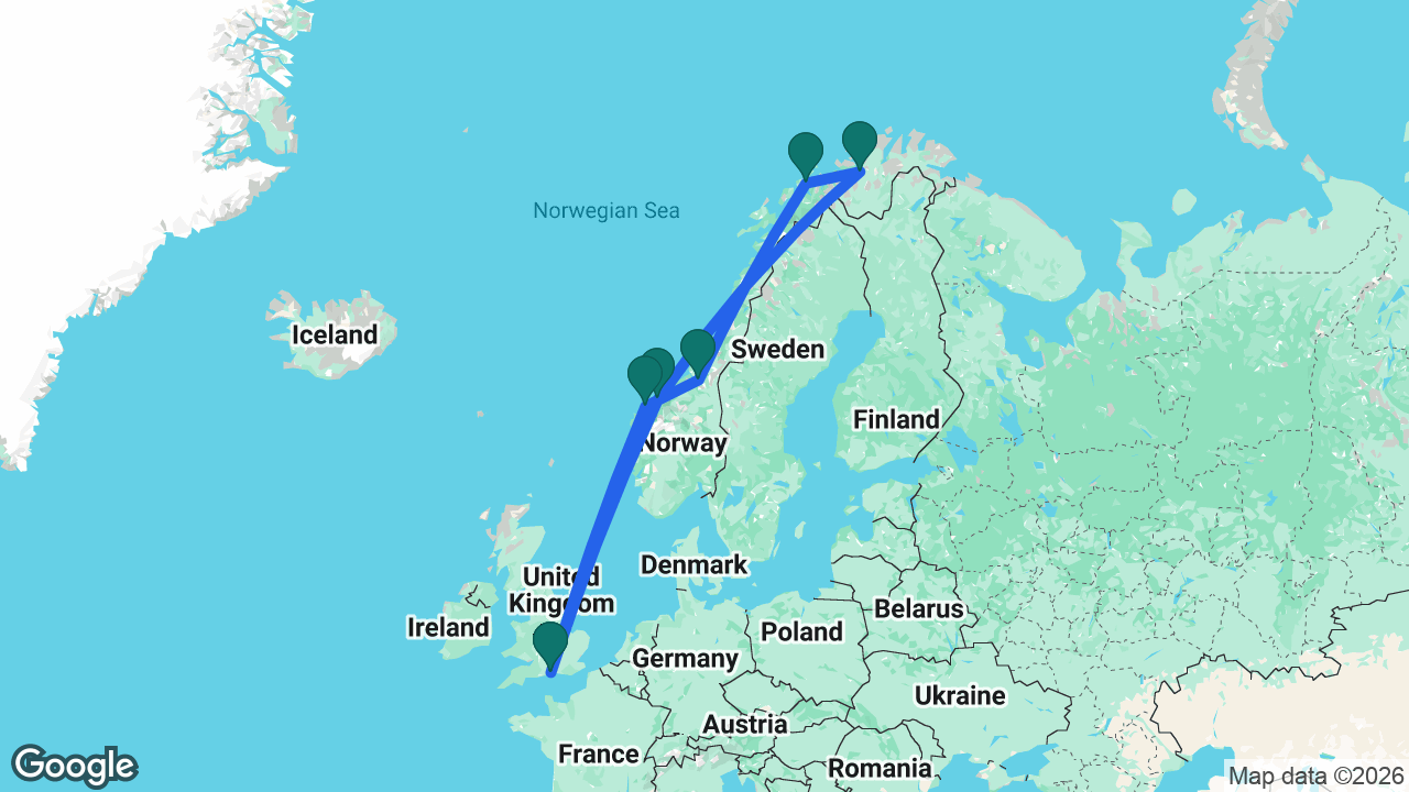 Route map: Southampton -> Ålesund -> Trondheim -> Tromsø -> Alta -> Molde -> Southampton