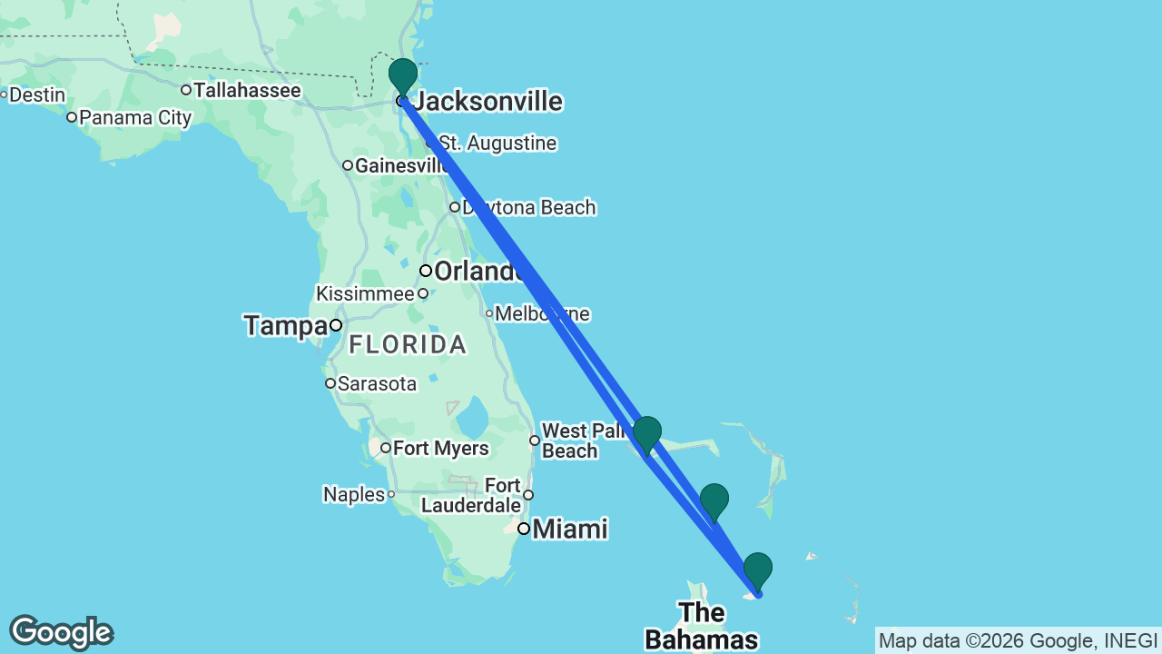 Route map: Jacksonville -> Freeport -> Nassau -> Great Stirrup Cay -> Jacksonville