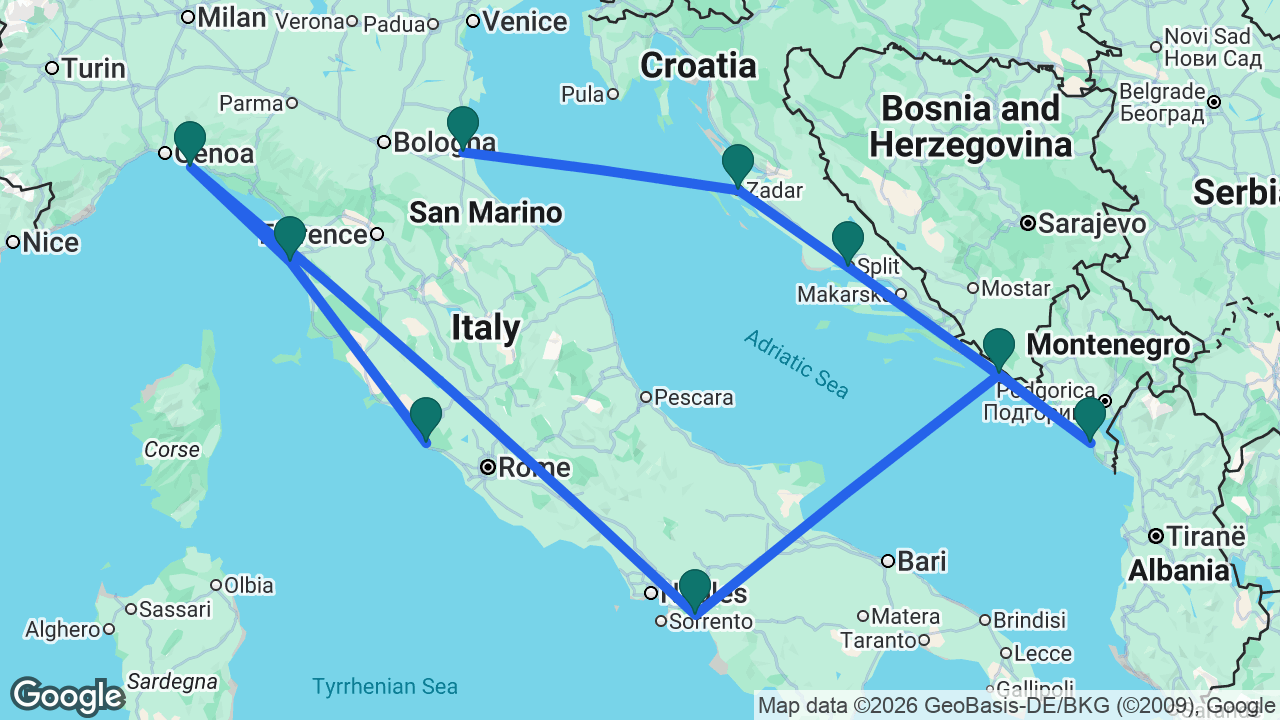 Route map: Ravenna -> Zadar -> Split -> Bar -> Dubrovnik -> Amalfi Coast -> Portofino -> Florence -> Rome
