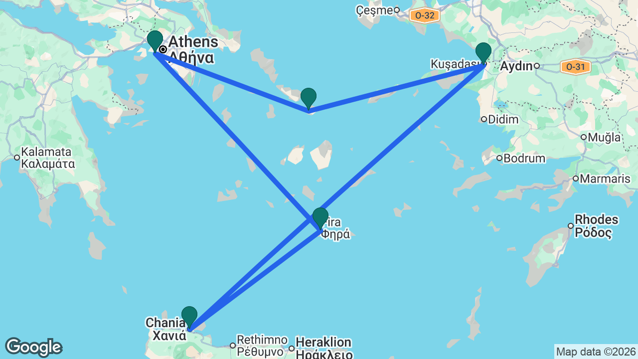 Route map: Athens -> Santorini -> Chania -> Ephesus -> Mykonos -> Athens