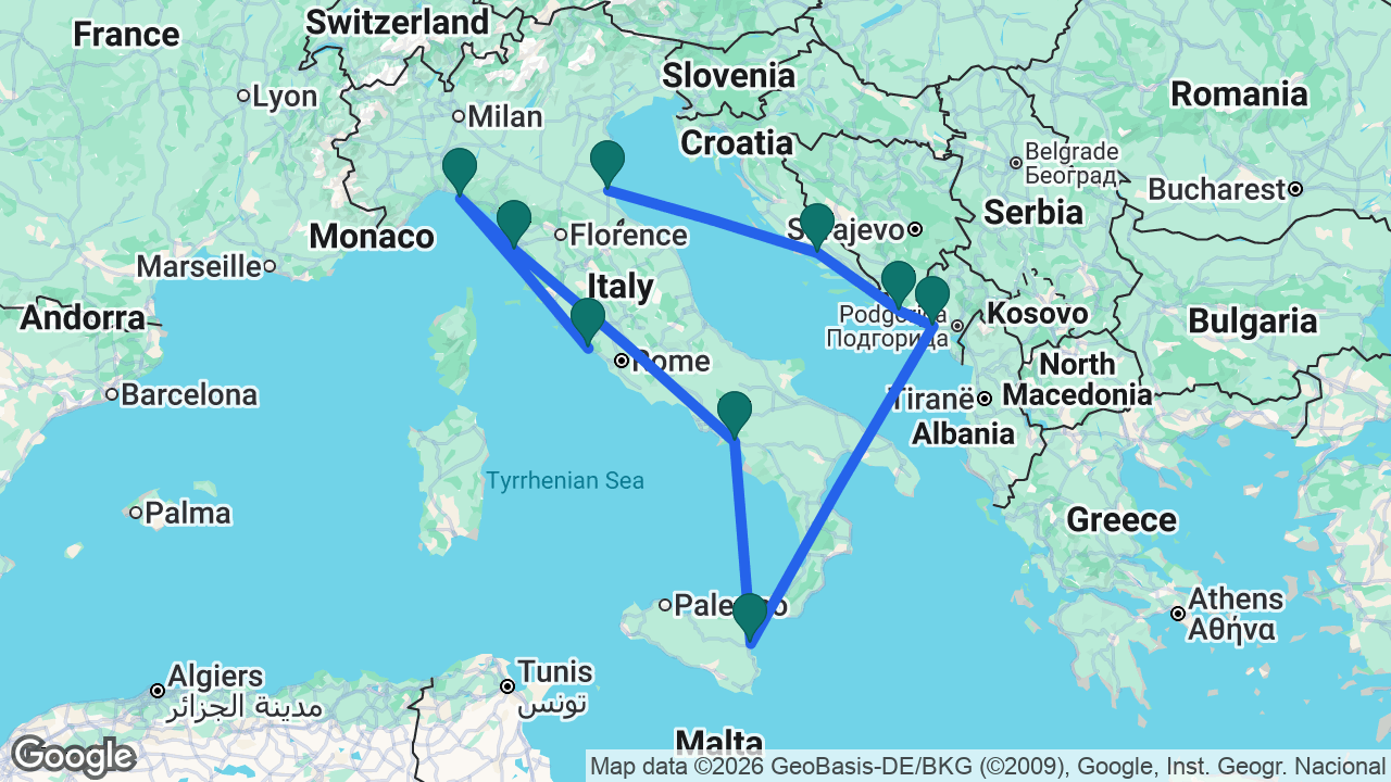 Route map: Rome -> Portofino -> Florence -> Amalfi Coast -> Catania -> Kotor -> Dubrovnik -> Split -> Ravenna