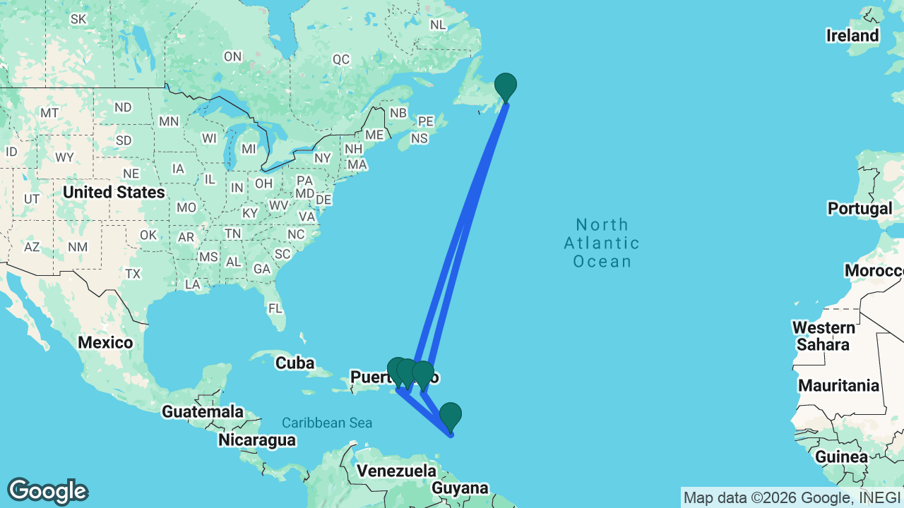 Route map: San Juan -> St. Thomas -> St. John's -> St. Maarten -> Barbados -> San Juan