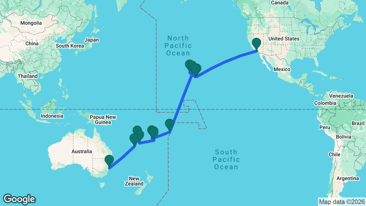 Route map: Los Angeles -> Hilo -> Kona -> Kauai -> Honolulu -> Apia -> Lautoka -> Fiji -> Dravuni Island -> Mystery Island -> Port Vila -> Nouméa -> Sydney