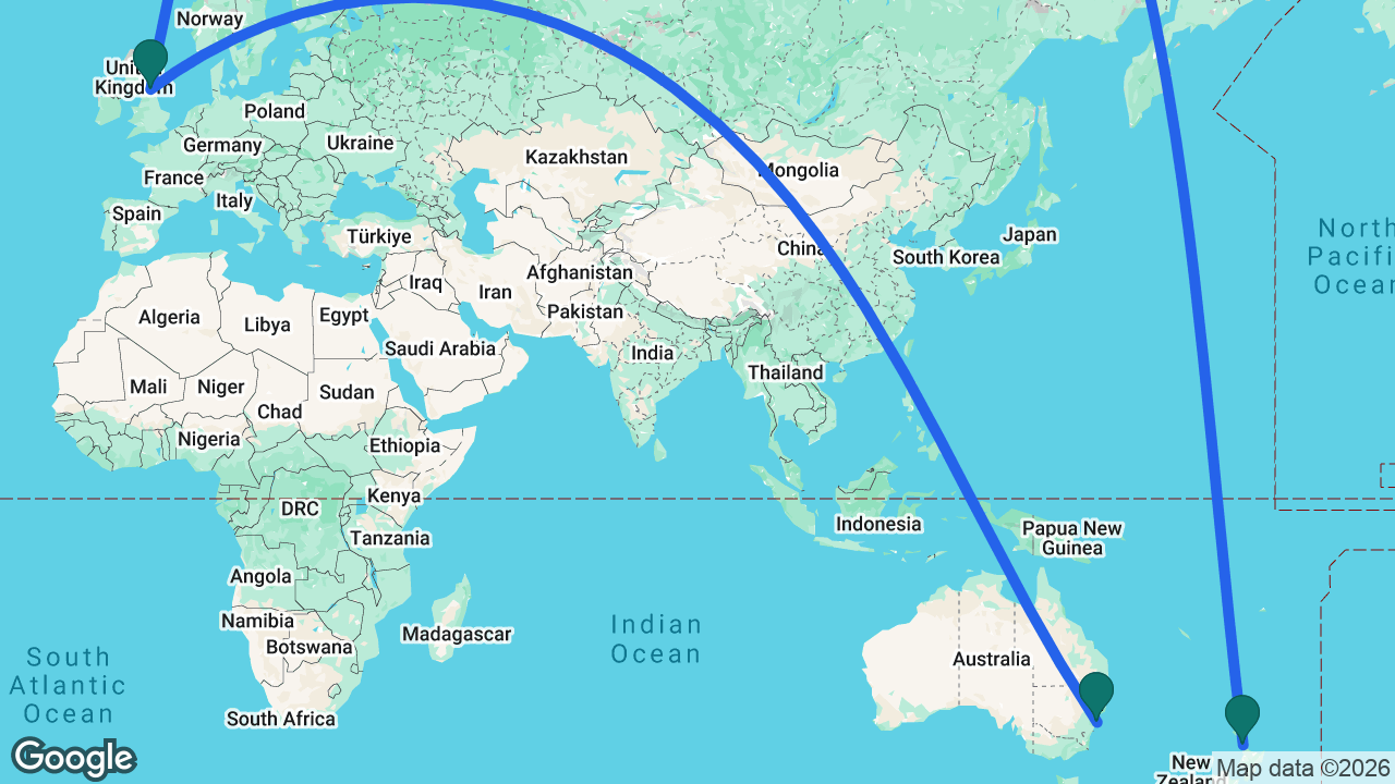 Route map: Auckland -> Newcastle -> Sydney