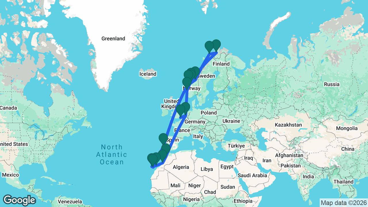 Route map: Dover -> Rotterdam -> Casablanca -> Agadir -> Lanzarote -> Tenerife -> Gran Canaria -> Lisbon -> Ålesund -> Åndalsnes -> Trondheim -> Tromsø -> Alta -> Kristiansund -> Bergen -> Rotterdam